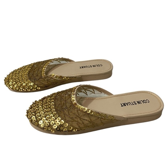 COLIN STEWART - SIZE 7 - RICH GOLD TONE MESH & SEQUINS -SLIP ON SLIDES SLIPPERS7 - Picture 3 of 11